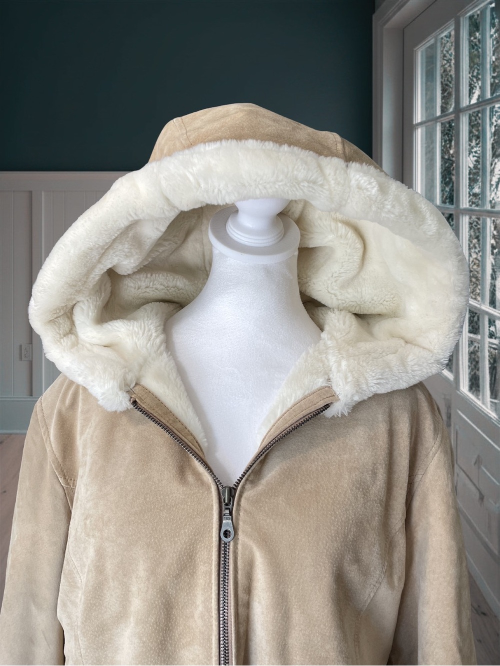 STEPHANIE ANDREWS Women's L Tan Suede Leather Hooded Faux Fur Shearling Jacket - Picture 3 of 15